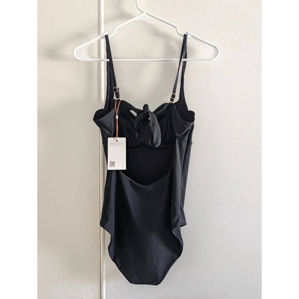 Quince Italian Underwire One Piece Swimsuit Medium Tie Back SPF Black NWT